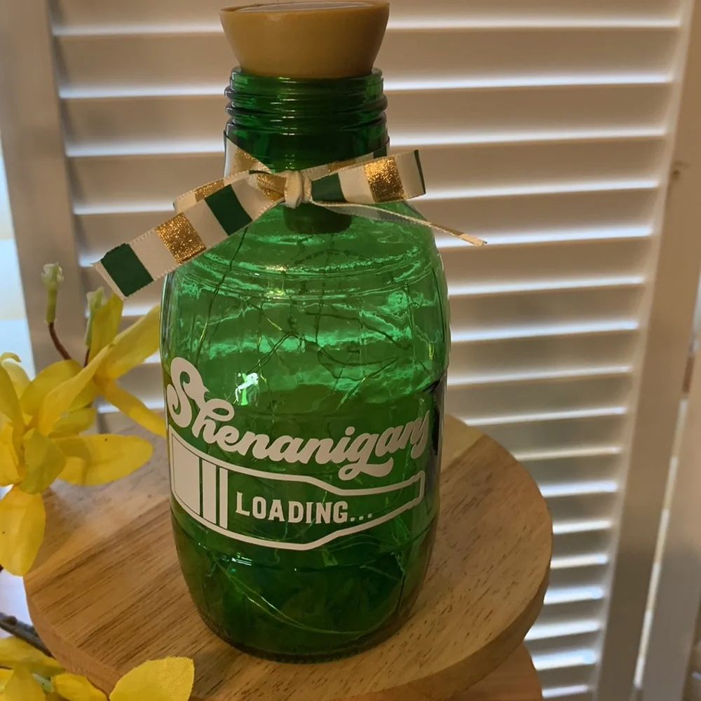 Hand Crafted- ‘Shenanigans Loading…’ green barrel solar lantern